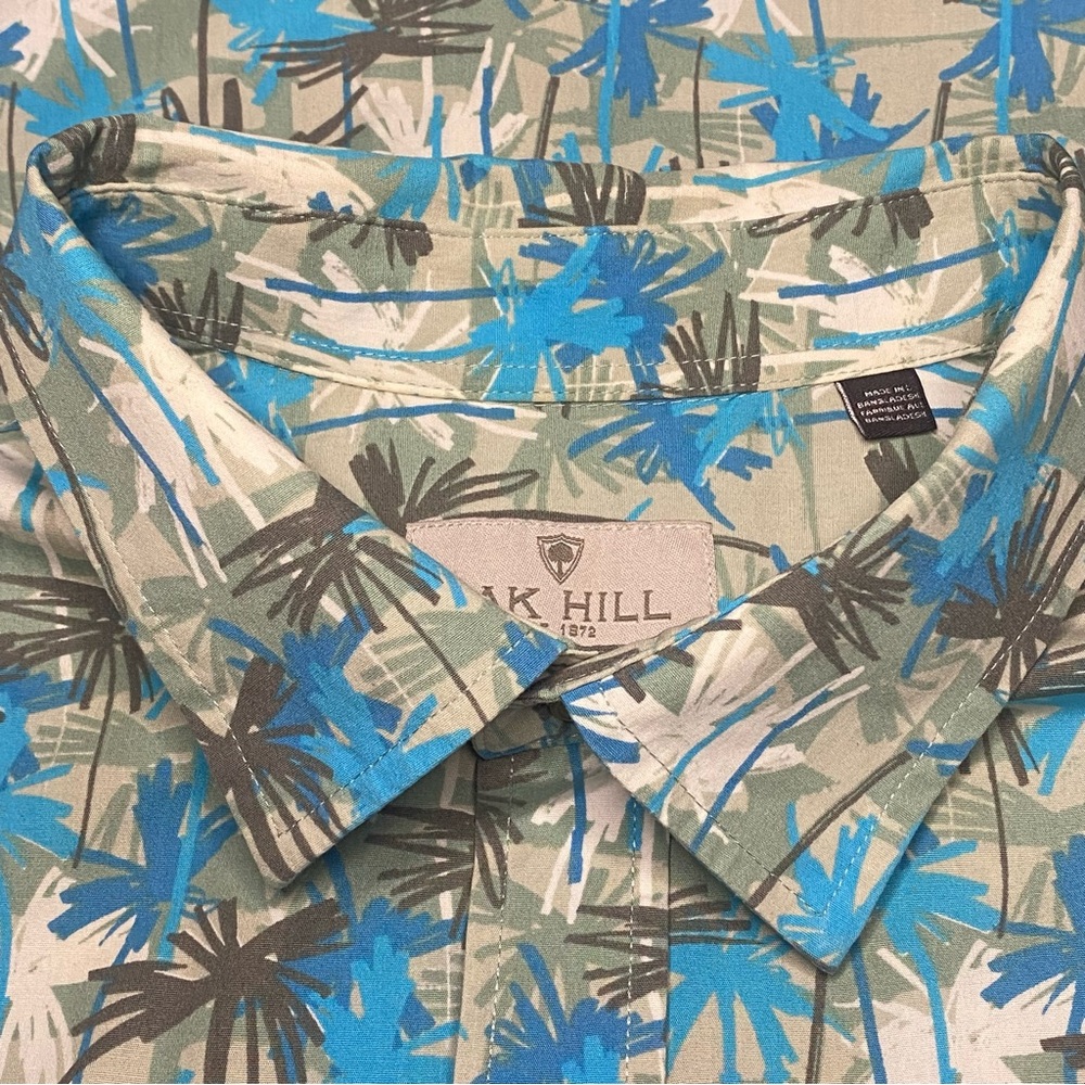 Oak Hill Palm Leaf Shirt Men 1XL Blue White Gray Abstract Short Sleeve Vacation